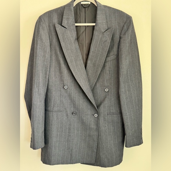 HARDY AMIES Men's Wool Double Breasted Suit Jacket -Blue Gray Pinstripe Size 40L - Picture 1 of 14